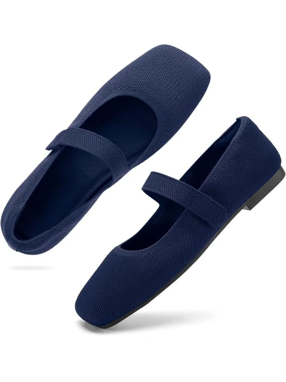 Women's Navy Rubber Knit Wide Toe Adjustable Straps Flat Slip On Comfort Shoes